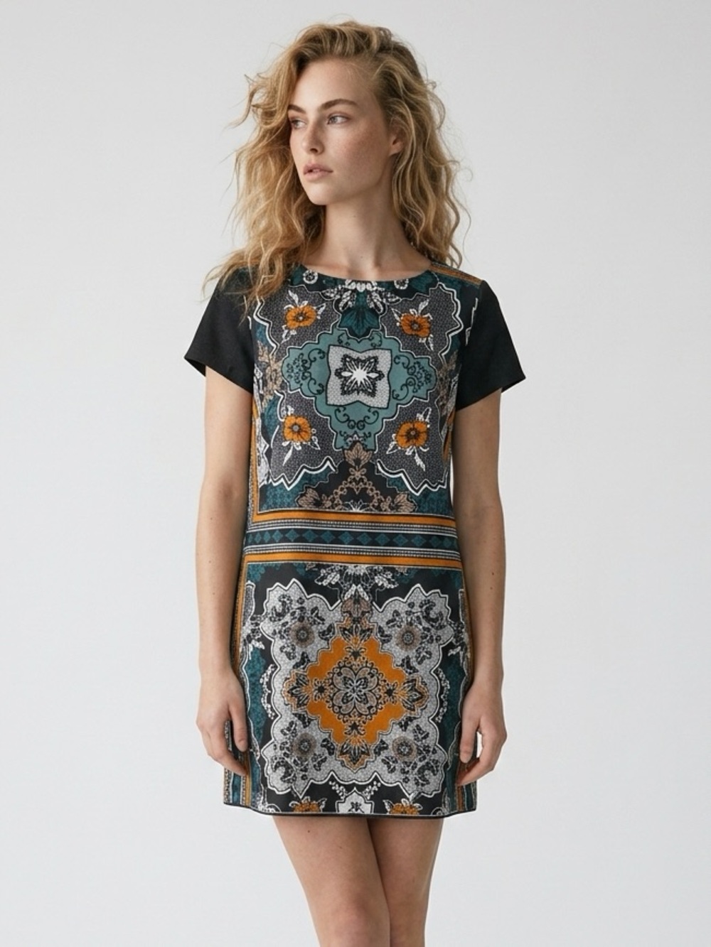 Banana Republic Black Floral Tribal Print Short Sleeve Mini Shift Dress
